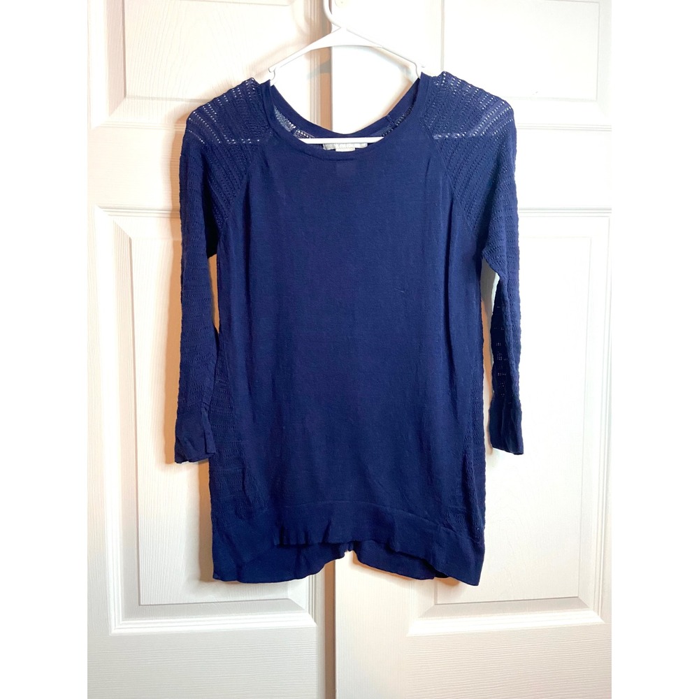 Design History Navy Blue Sweater Pointelle Crochet Back Button Down 3/4 Sleeve